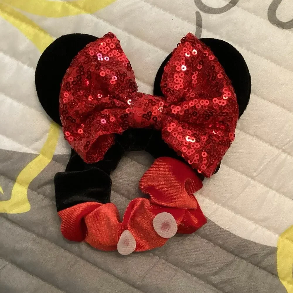 NWOT Set Purple n Minnie Mouse Velvet Hair Scrunchie Ears and Sparkly Sequin Bow